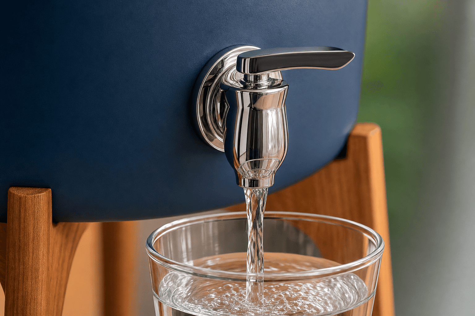 Primer plano del grifo de Damphore sirviendo un chorro de agua cristalina en un vaso